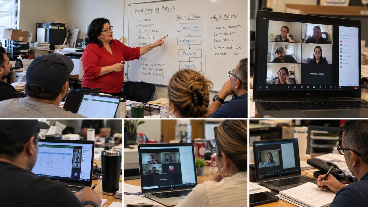 Illustration of small-business bookkeeping workshops in person and online